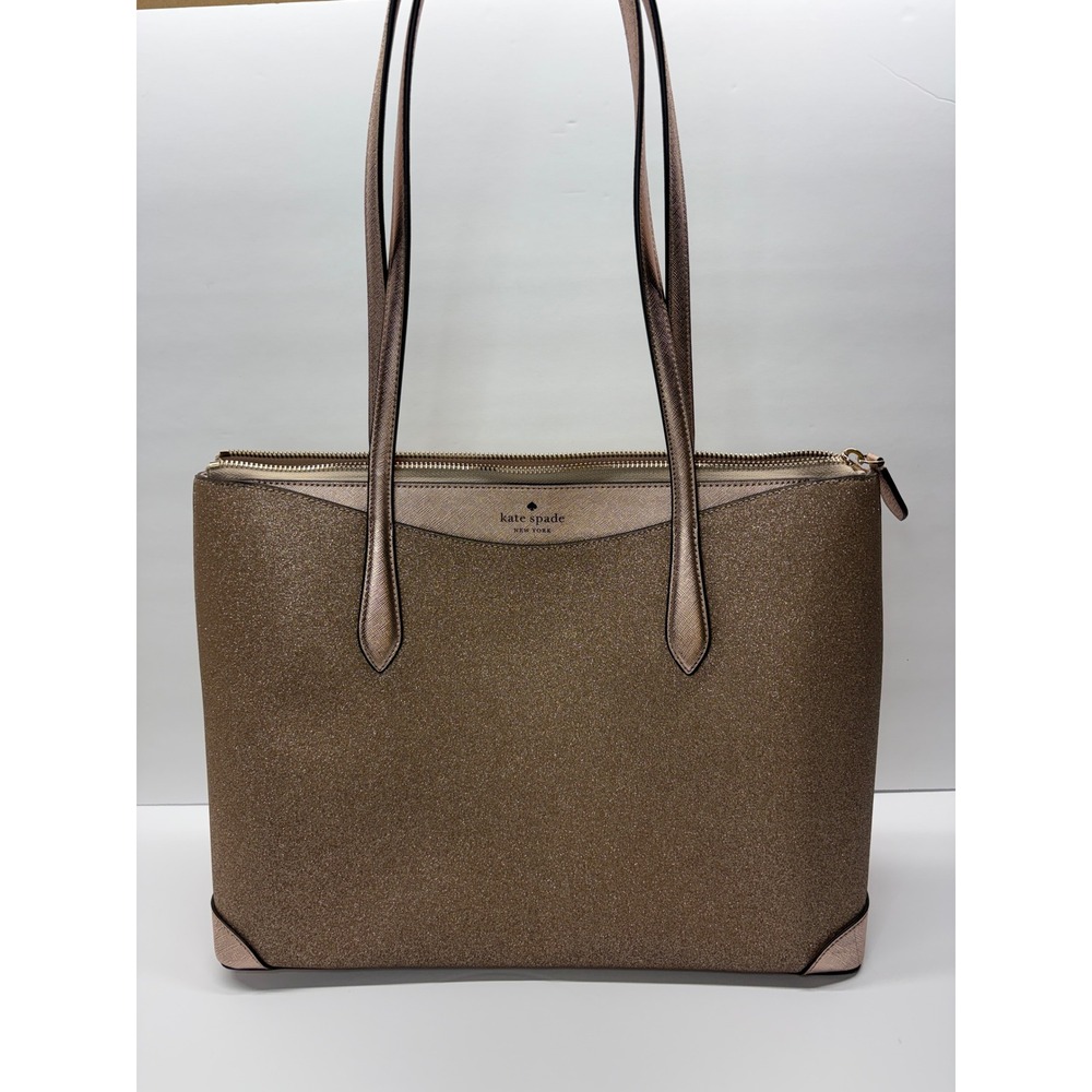 Kate Spade New York Rose Gold Glitter Large Zip Tote Shoulder Bag Sparkle